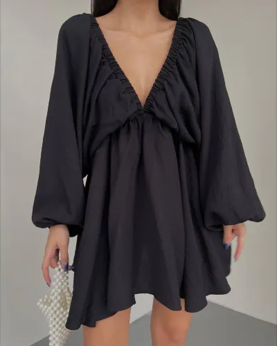 Women Fashion Casual Solid Color V-Neck Long Bubble Sleeve Loose Dress