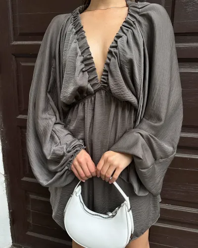 Women Fashion Casual Solid Color V-Neck Long Bubble Sleeve Loose Dress