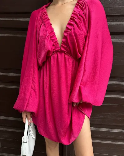 Women Fashion Casual Solid Color V-Neck Long Bubble Sleeve Loose Dress