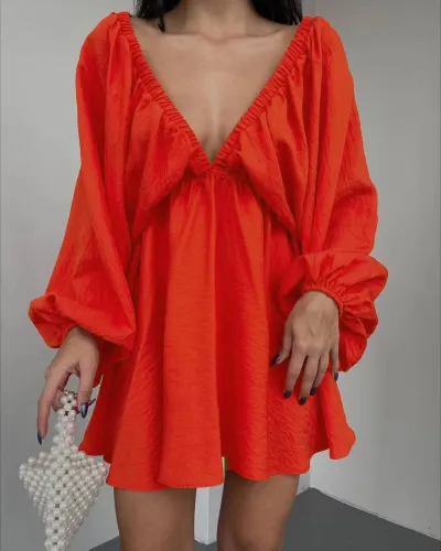Women Fashion Casual Solid Color V-Neck Long Bubble Sleeve Loose Dress