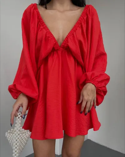 Women Fashion Casual Solid Color V-Neck Long Bubble Sleeve Loose Dress