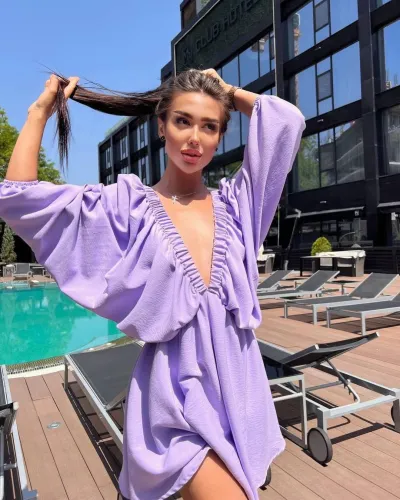 Women Fashion Casual Solid Color V-Neck Long Bubble Sleeve Loose Dress