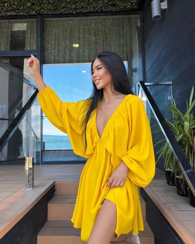 Women Fashion Casual Solid Color V-Neck Long Bubble Sleeve Loose Dress