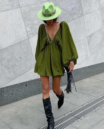 Women Fashion Casual Solid Color V-Neck Long Bubble Sleeve Loose Dress
