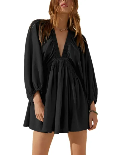 Women Fashion Casual Summer Spring V-Neck Long Sleeve Pleated Cotton Dress