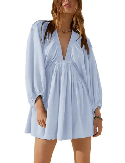 Women Fashion Casual Summer Spring V-Neck Long Sleeve Pleated Cotton Dress