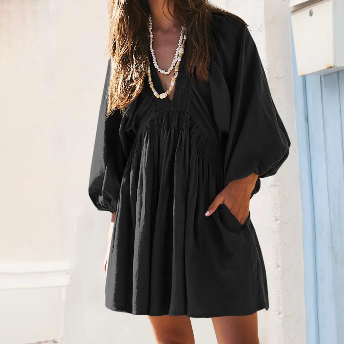 Women Fashion Casual Summer Spring V-Neck Long Sleeve Pleated Cotton Dress