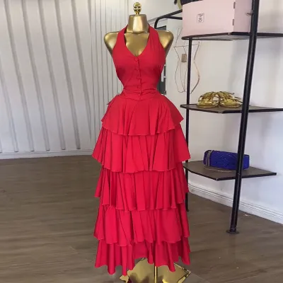 Women Fashion Elegant Solid Color Hanging Neck Vest High Waist Ruffled Maxi Skirt Two-Piece Set