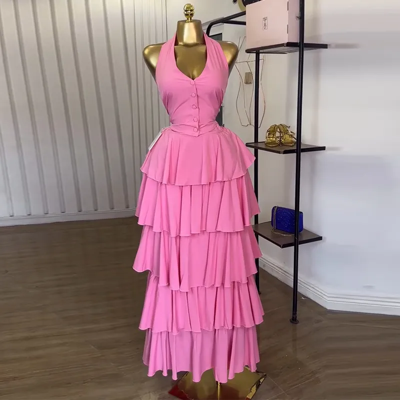 Women Fashion Elegant Solid Color Hanging Neck Vest High Waist Ruffled Maxi Skirt Two-Piece Set