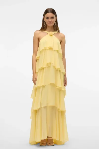 Women Fashion Sexy Summer Sold Color Halter-Neck Backless Ruffled Dress