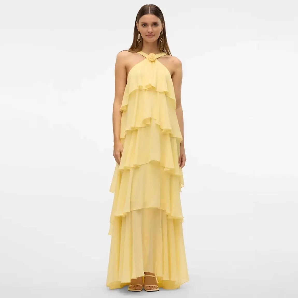 Women Fashion Sexy Summer Sold Color Halter-Neck Backless Ruffled Dress