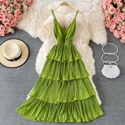 Women Fashion Sexy Solid Color Pleated V-Neck Spaghetti Strap Ruffled Dress