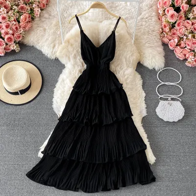 Women Fashion Sexy Solid Color Pleated V-Neck Spaghetti Strap Ruffled Dress