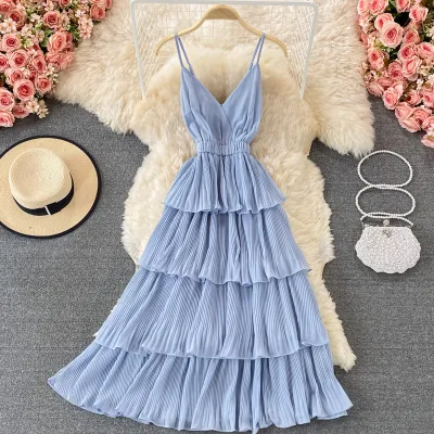 Women Fashion Sexy Solid Color Pleated V-Neck Spaghetti Strap Ruffled Dress