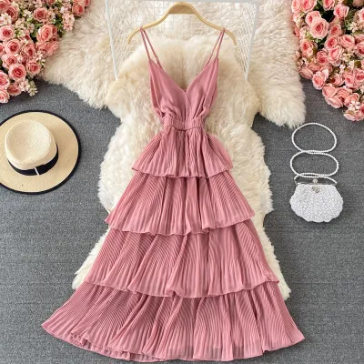 Women Fashion Sexy Solid Color Pleated V-Neck Spaghetti Strap Ruffled Dress