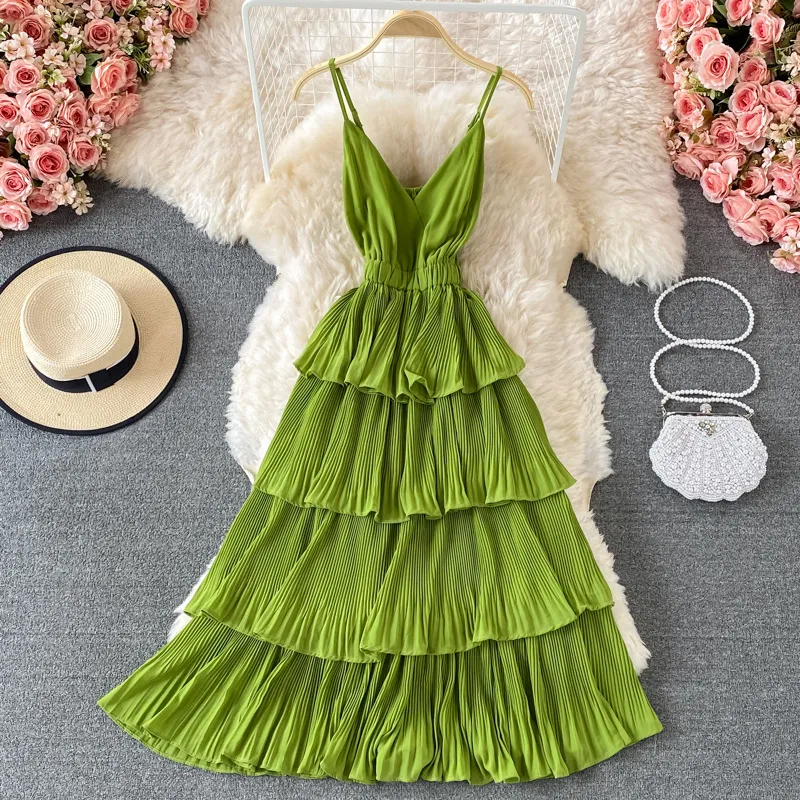 Women Fashion Sexy Solid Color Pleated V-Neck Spaghetti Strap Ruffled Dress