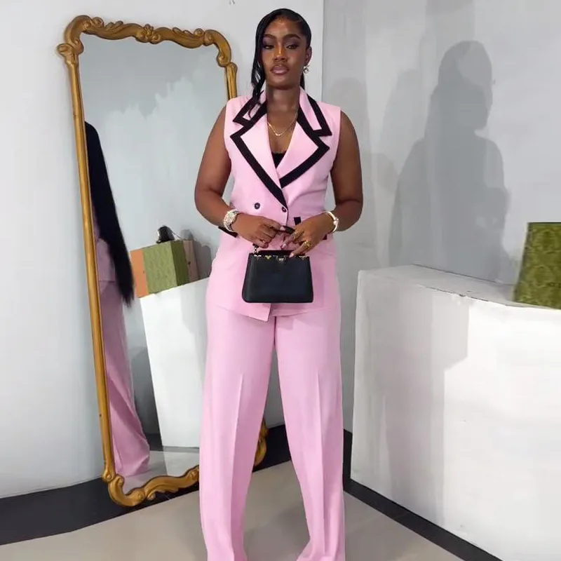 Women Fashion Casual Color Block Lapel Sleeveless Vest Loose Pants African Two-Piece Set