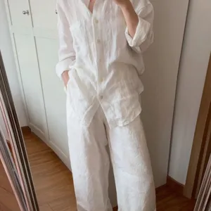 Women Fashion Casual Solid Color Cotton And Linen Lapel Long-Sleeve Blouse Loose Pants Two-Piece Set
