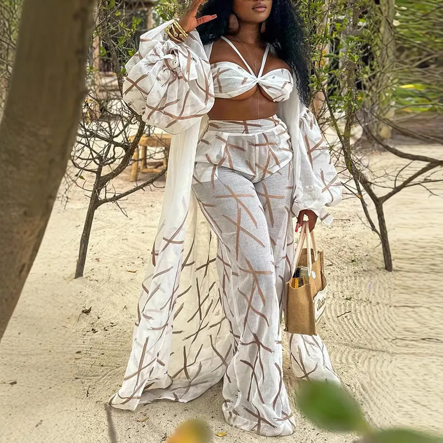 Women Fashion Sexy Printed Beach Halter-Neck Bra Long-Sleeve Coat Loose Pants Three-Piece Set