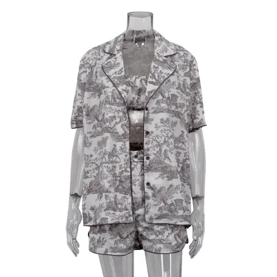 Women Fashion Casual Vacation Printed Bra Lapel Short-Sleeve Blouse Loose Shorts Three-Piece Set