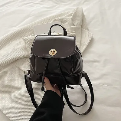 Women Fashion Casual Retro Solid Color PU Backpack with Cover Closure