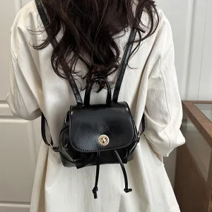 Women Fashion Casual Retro Solid Color PU Backpack with Cover Closure