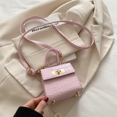 Women Fashion Casual Solid Color Stone Pattern Mini Lock Small Square Crossbody Bag