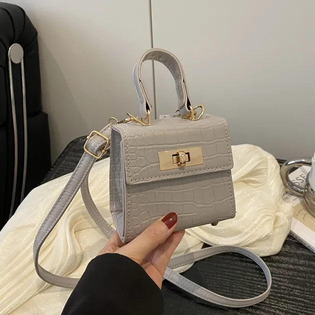 Women Fashion Casual Solid Color Stone Pattern Mini Lock Small Square Crossbody Bag