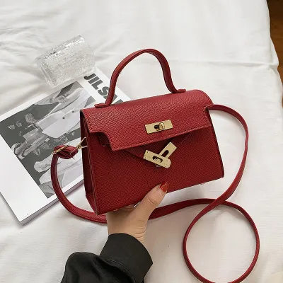 Women Fashion Casual Solid Color Buckle Locking Clasp Small Square PU Crossbody Bag