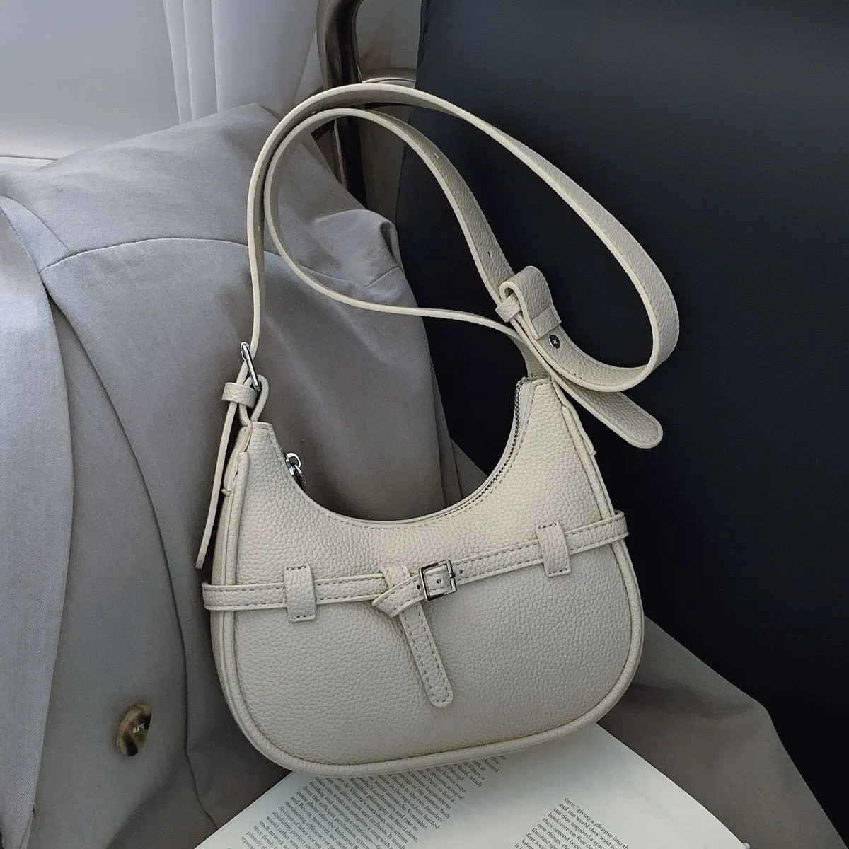 Women Fashion Casual Solid Color Litchi Pattern Crossbody Bag Zipper Closure