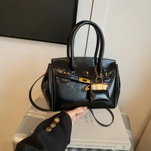 Women Fashion Retro Solid Color Pendant PU Handbag with Latch Closure