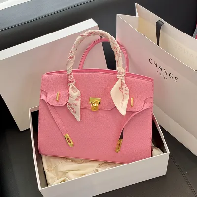 Women Fashion Casual Solid Color Large Capacity Locking Clasp PU Tote Bag