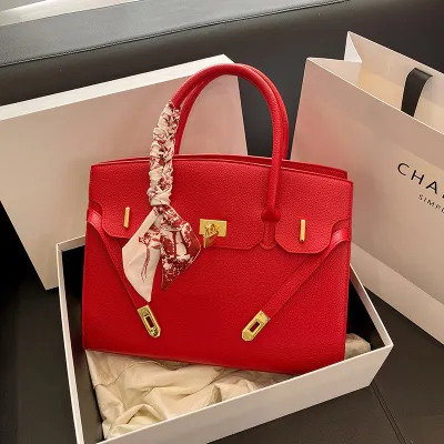 Women Fashion Casual Solid Color Large Capacity Locking Clasp PU Tote Bag