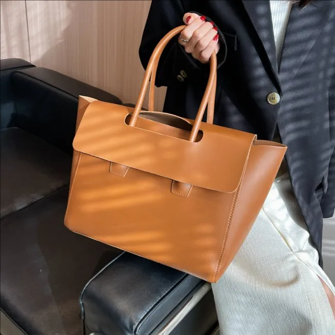 Women Fashion Casual Solid Color Large Capacity PU Tote Handbag