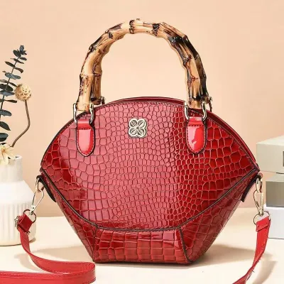 Women Fashion Retro Crocodile Pattern Bamboo Handbag PU Leather Bucket Bag
