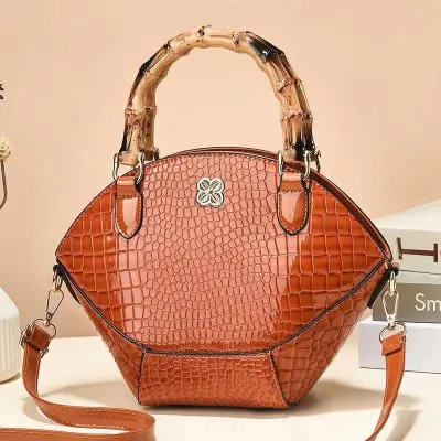 Women Fashion Retro Crocodile Pattern Bamboo Handbag PU Leather Bucket Bag