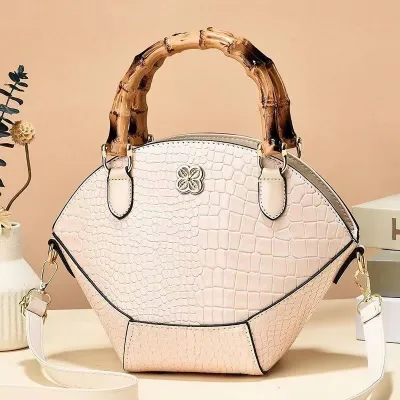 Women Fashion Retro Crocodile Pattern Bamboo Handbag PU Leather Bucket Bag