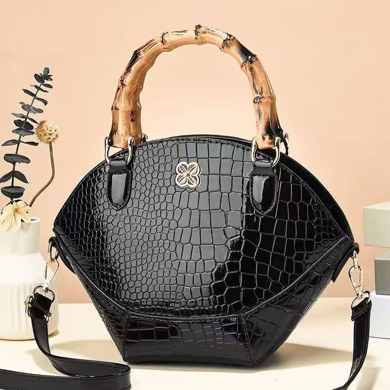 Women Fashion Retro Crocodile Pattern Bamboo Handbag PU Leather Bucket Bag