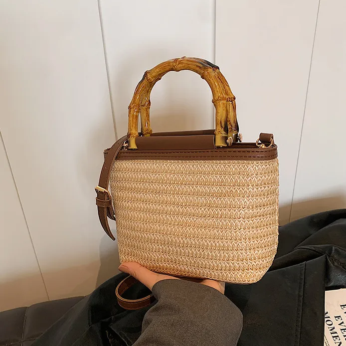 Women Fashion Casual Straw Woven Portable Handbag with Zipper