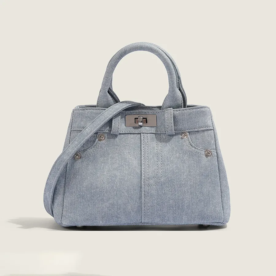 Women Fashion Casual Retro Washed Denim Handbag Bucket Shape Locking Clasp