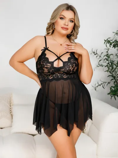 Women Plus Size Lace Hollow Mesh Sexy Lingerie Set
