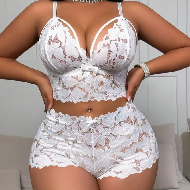 Women Plus Size Solid Color Lace Sheer Sexy Lingerie Set