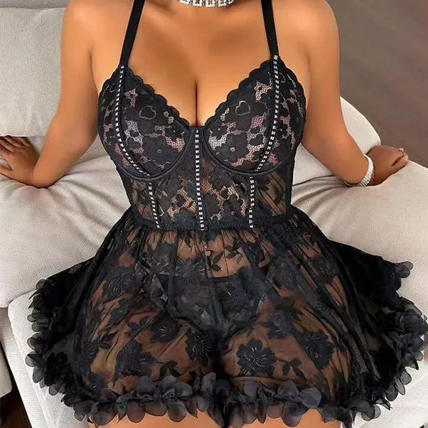 Women Plus Size Solid Color Lace Flower Perspective Mesh Sexy Lingerie Set