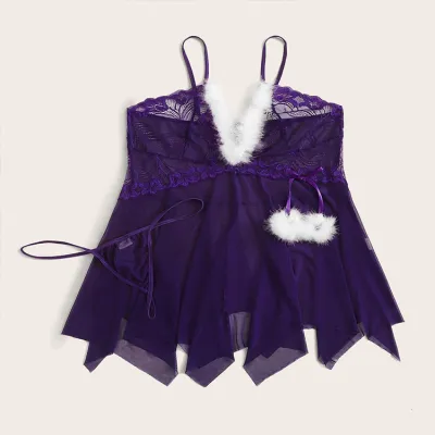 Women Plus Size Solid Color Lace Plush Stitching Sexy Lingerie Uniform Set
