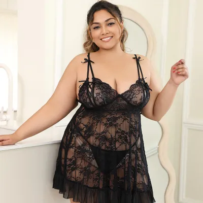 Women Plus Size Lace Perspective Sexy Lingerie Slip Dress Set