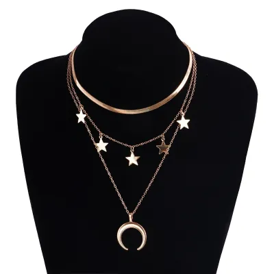 Women Fashion Five-Pointed Star Pendant Multi-Layer Stacked Necklace
