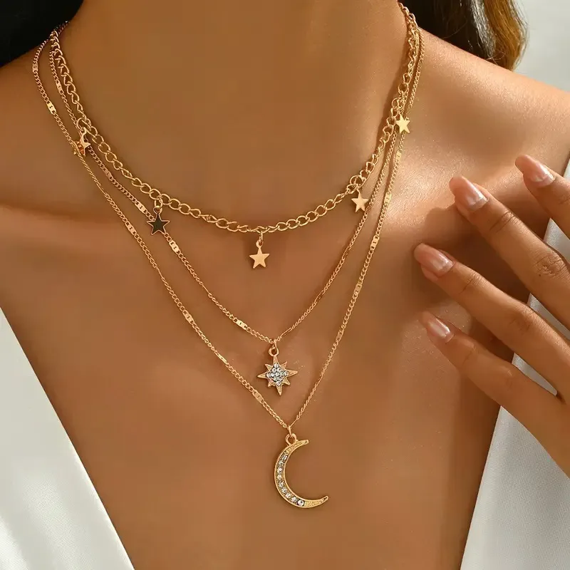 Women Fashion Five-Pointed Star Pendant Multi-Layer Stacked Necklace