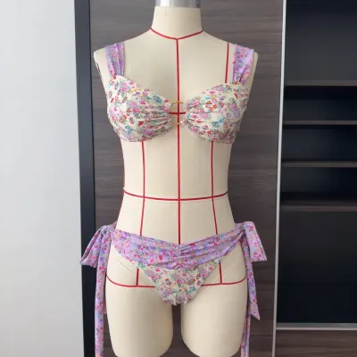 Women Fashion Sexy Flower Printed Ring Strap Bikini Swimsuit