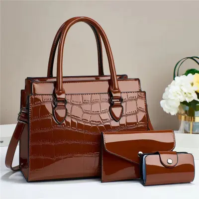 Women Fashion Casual Solid Color Embossed Large Capacity Handbag Three-Piece PU Bag Set