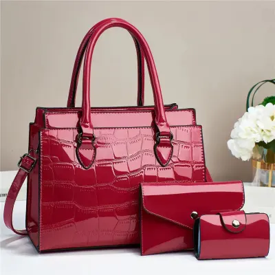 Women Fashion Casual Solid Color Embossed Large Capacity Handbag Three-Piece PU Bag Set